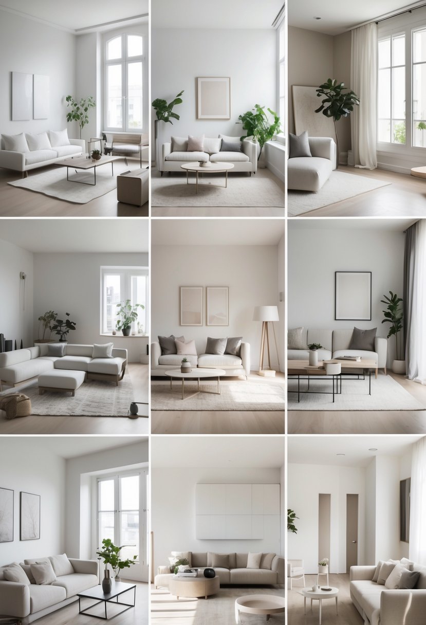 Seven different living rooms with simple furniture, neutral colors, and natural light.