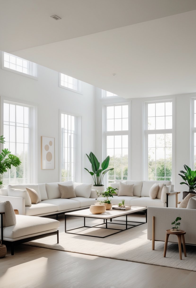 An open floor plan with seven living room setups featuring modern furniture, large windows, and natural light.