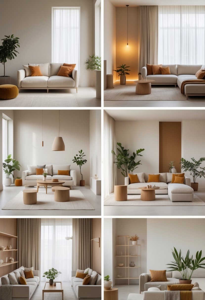 Seven living rooms with neutral colors and warm accent decorations, featuring sofas, coffee tables, plants, and natural light.