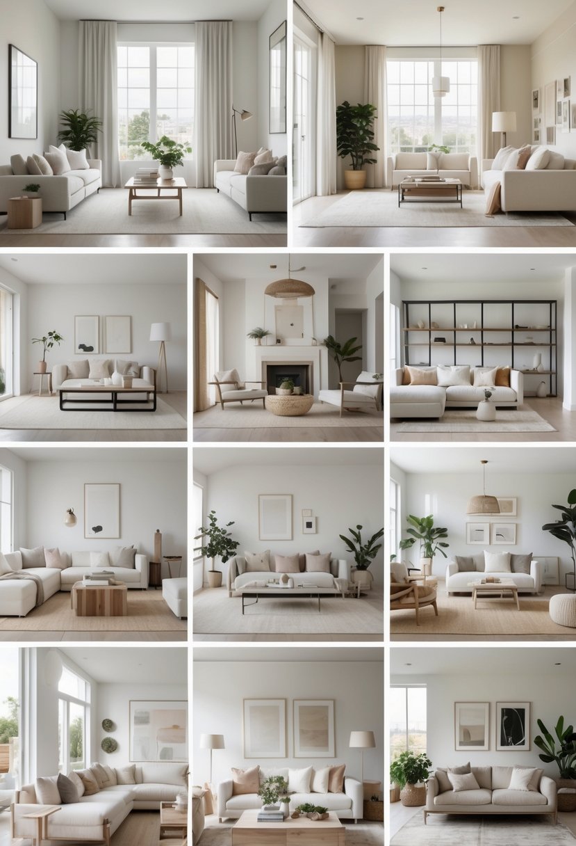 Seven minimalist living rooms each with simple furniture, natural light, and a few carefully chosen decor items.