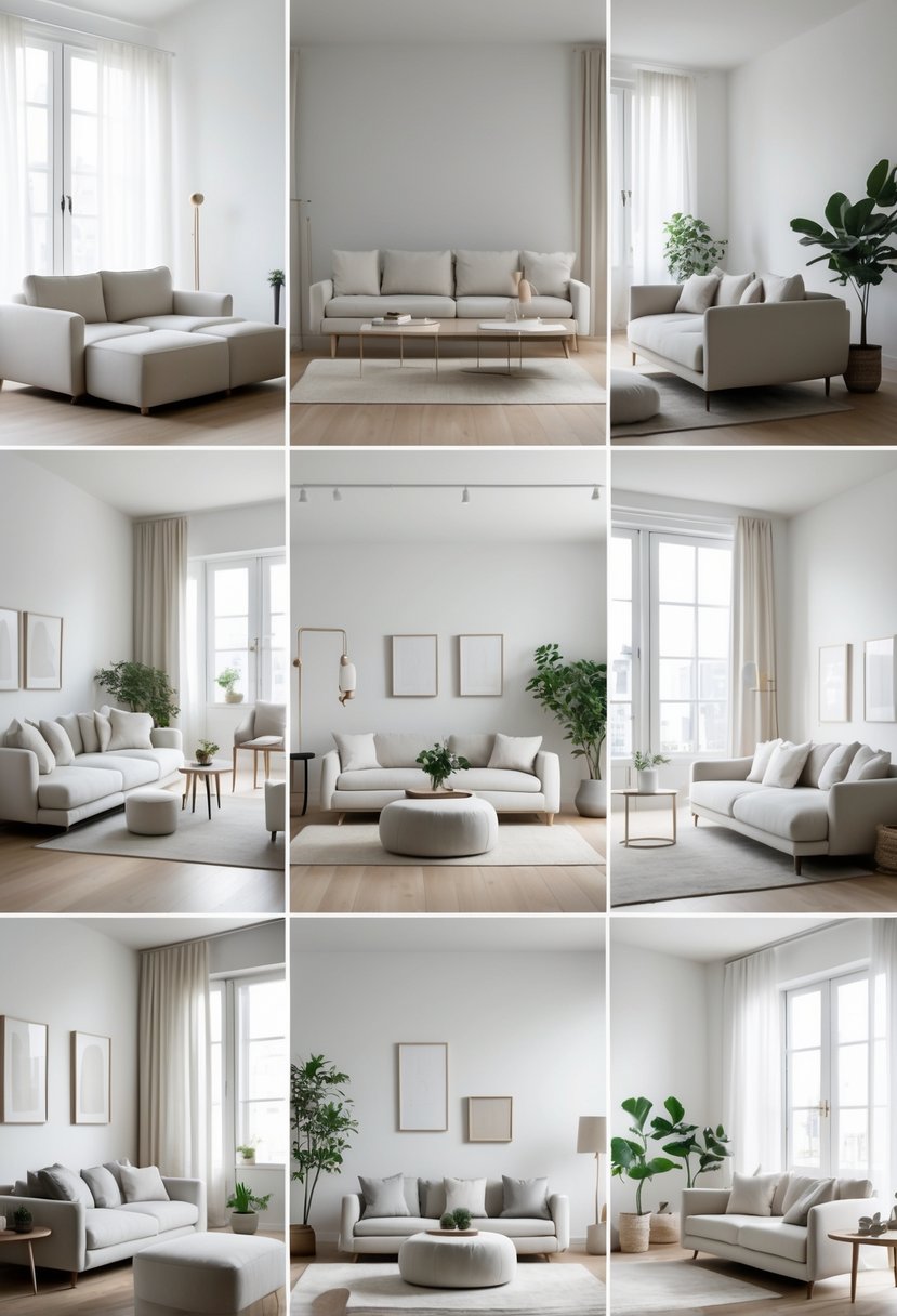 Seven different living rooms each with simple, comfortable seating and natural light.