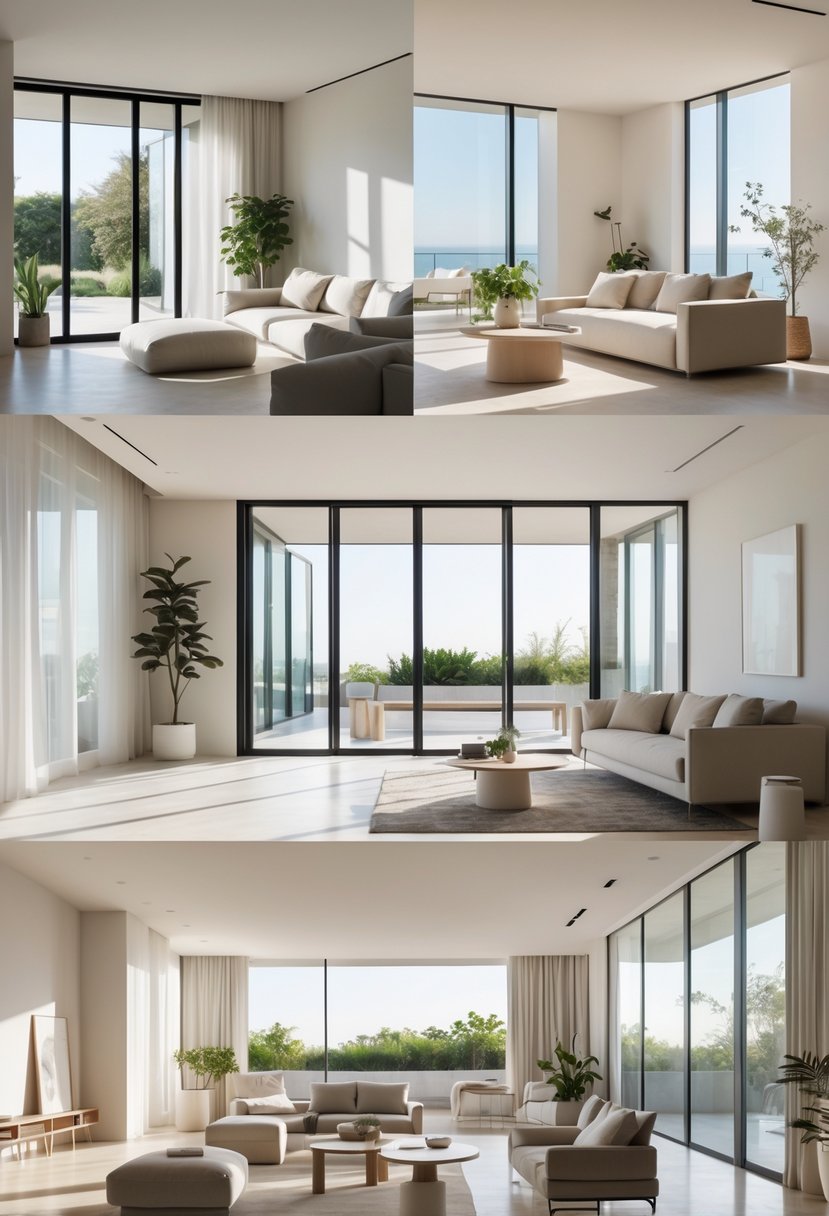 Seven living rooms with large windows letting in natural sunlight, featuring simple furniture and open, uncluttered spaces.