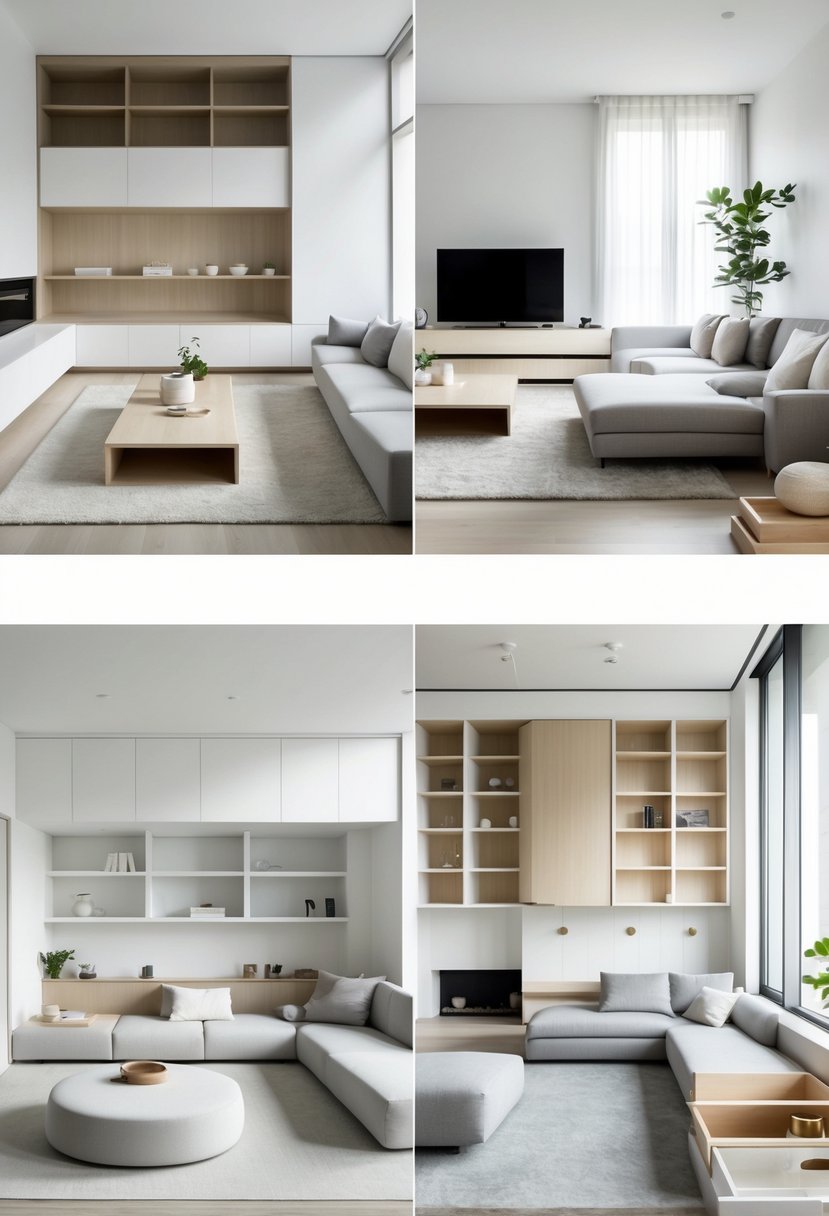 Seven different living rooms with minimalist furniture and organized storage solutions, featuring clean and clutter-free spaces.