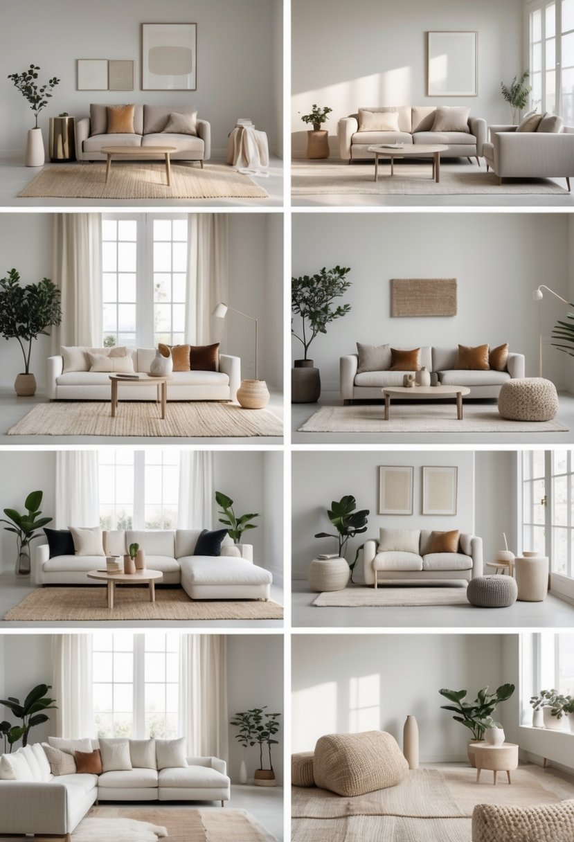 Seven minimalist living rooms with textured fabrics, neutral colors, modern furniture, and natural light.