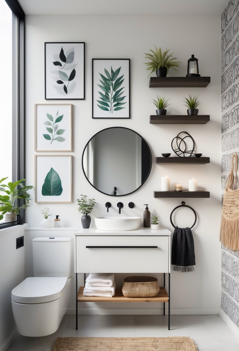 A modern bathroom with seven different wall decorations including framed art, a round mirror, wooden shelves with plants, a metal sculpture, a fiber wall hanging, and a geometric tile accent wall.