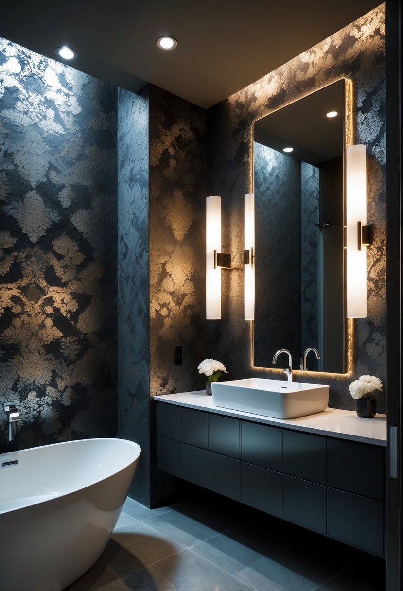 A modern bathroom with a freestanding bathtub and dramatic dark patterned wallpaper on the walls.