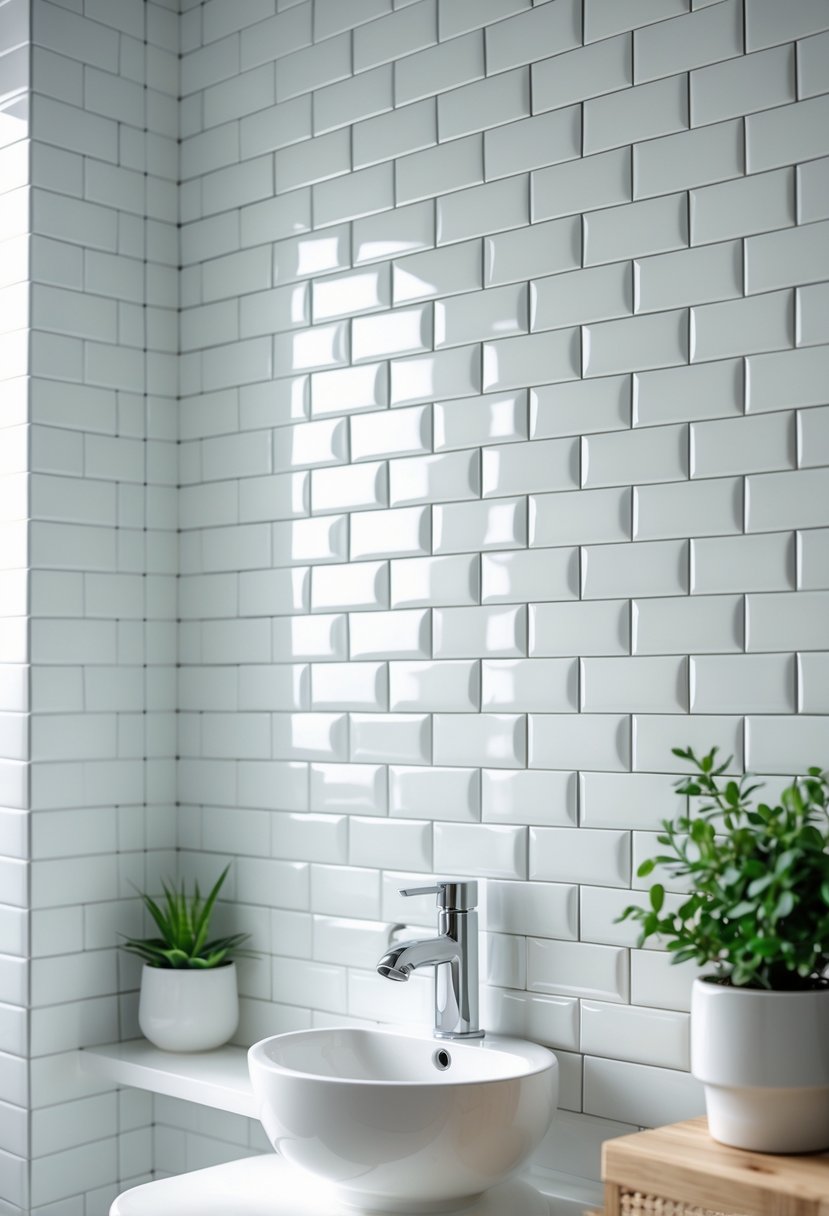 A bathroom wall covered with white subway tiles, featuring a sink, faucet, and a small green plant on a wooden shelf.