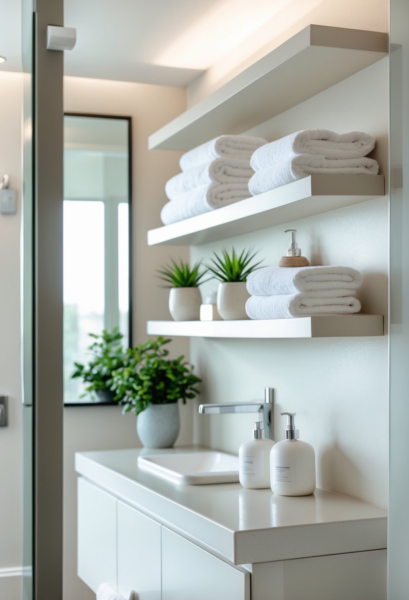 A bathroom wall with floating shelves holding towels, plants, and bathroom accessories above a vanity with a mirror.