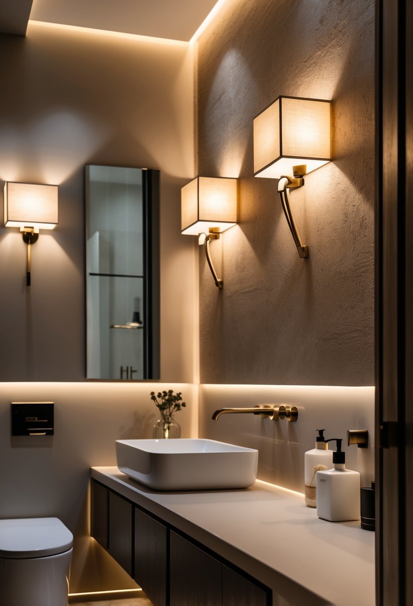 A bathroom interior with stylish wall lighting creating a warm and inviting atmosphere, featuring a vanity, mirror, and decorative wall elements.