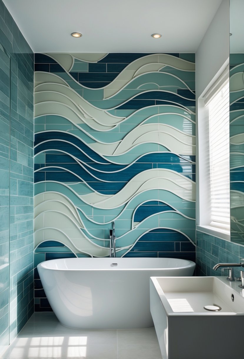 Bathroom interior with a large accent wall covered in blue and white wave-patterned tiles, featuring a bathtub and sink.