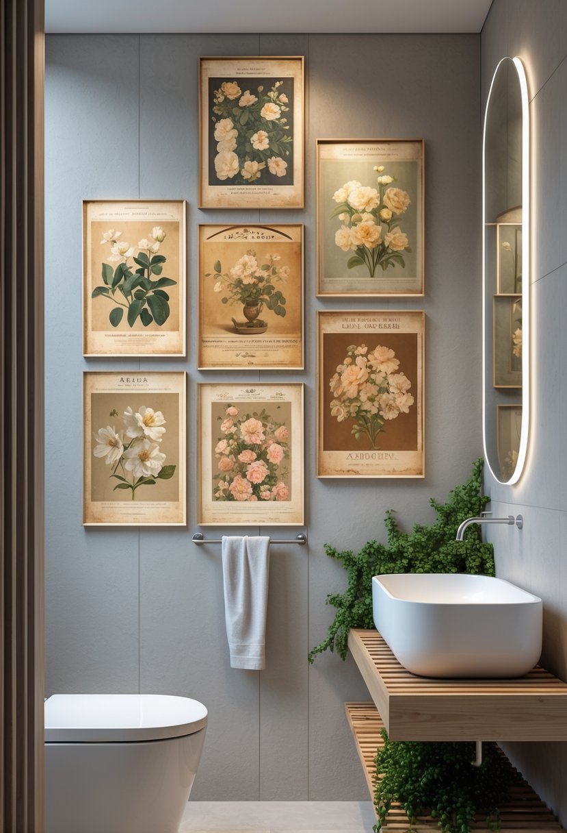 A bathroom wall decorated with several vintage art prints arranged in layers above a sink with a wooden shelf and plants.