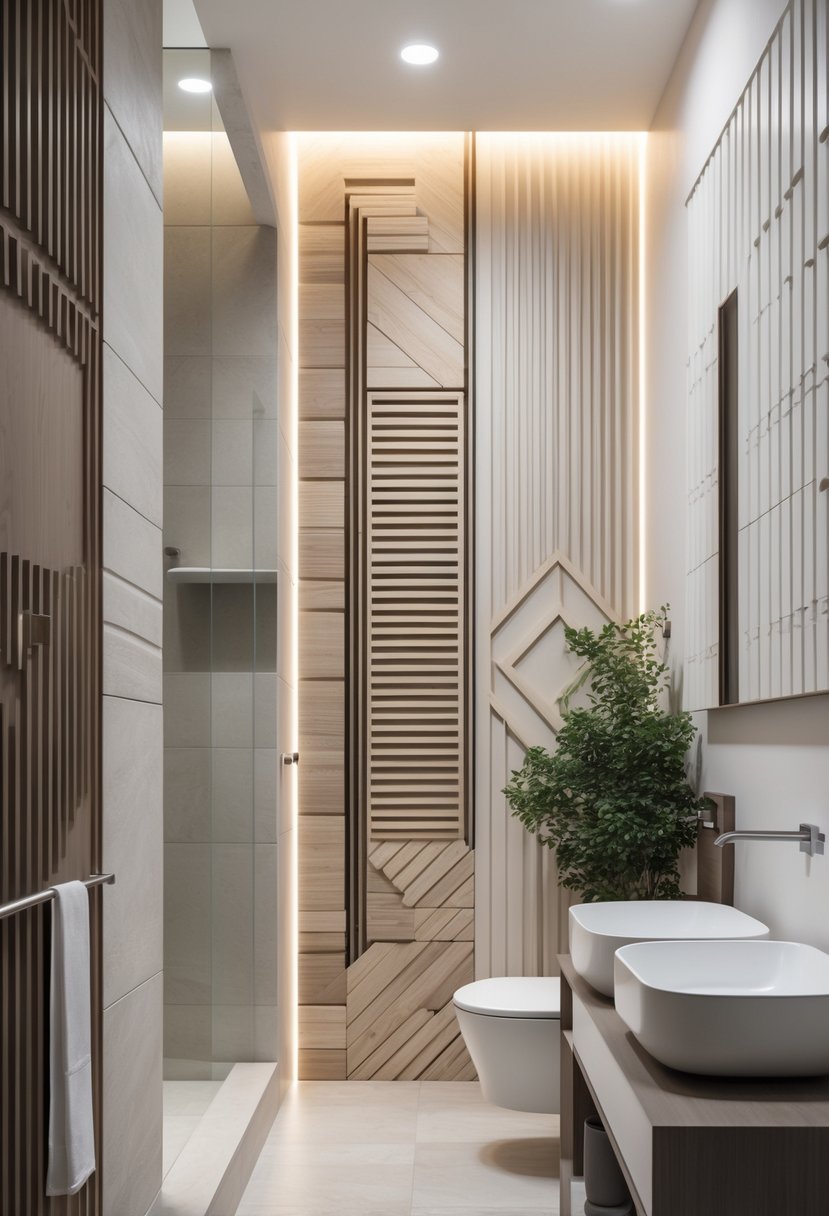A bathroom interior with textured decorative wall paneling, a white sink, a mirror, and some greenery.