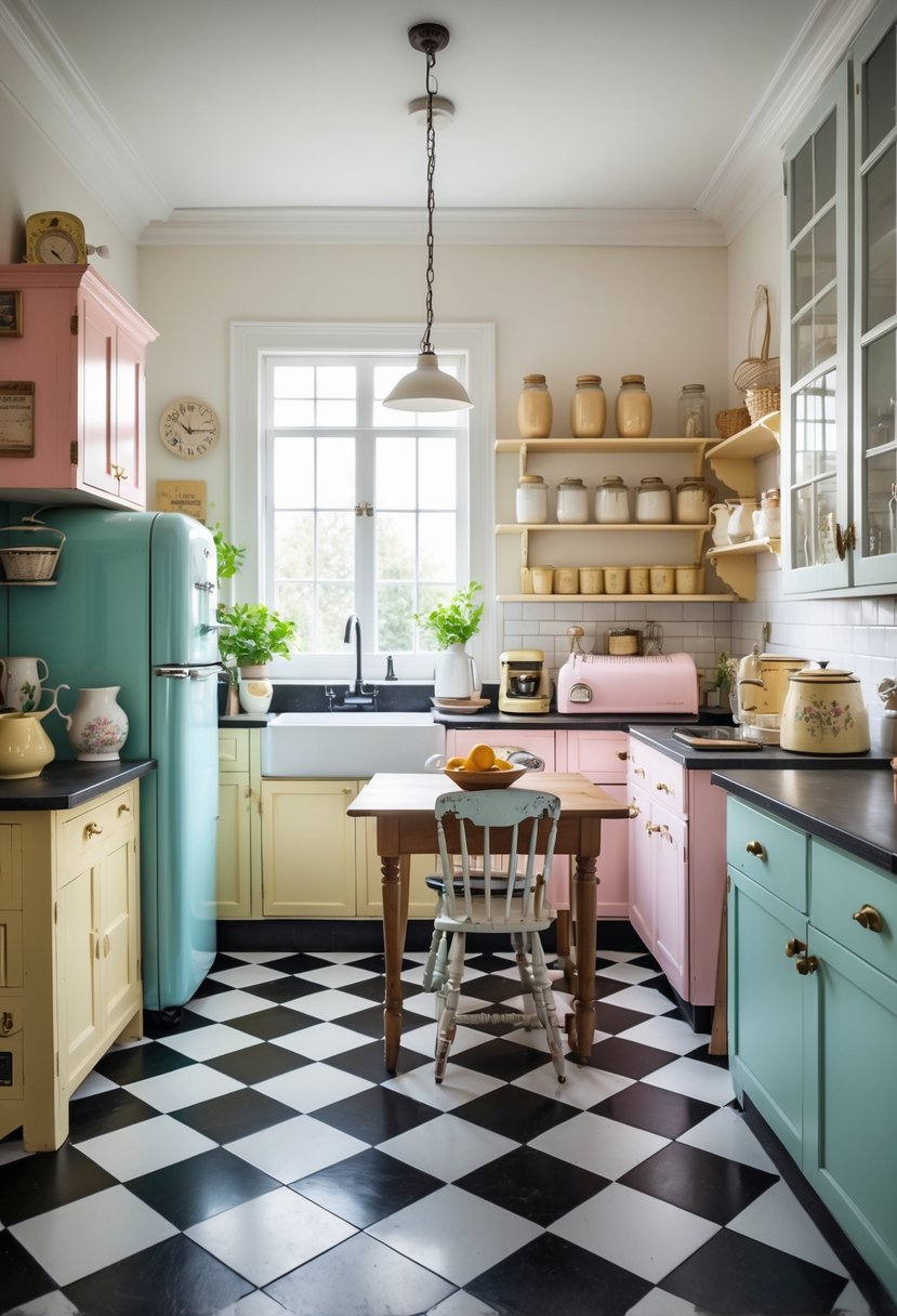 A kitchen with black-and-white checkered floor, pastel cabinets, vintage refrigerator, wooden dining table, and natural light coming through a window.