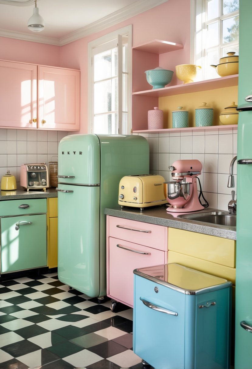 A kitchen with pastel-colored vintage appliances including a refrigerator, toaster, mixer, and kettle on a retro countertop with checkered flooring and shelves holding kitchenware.