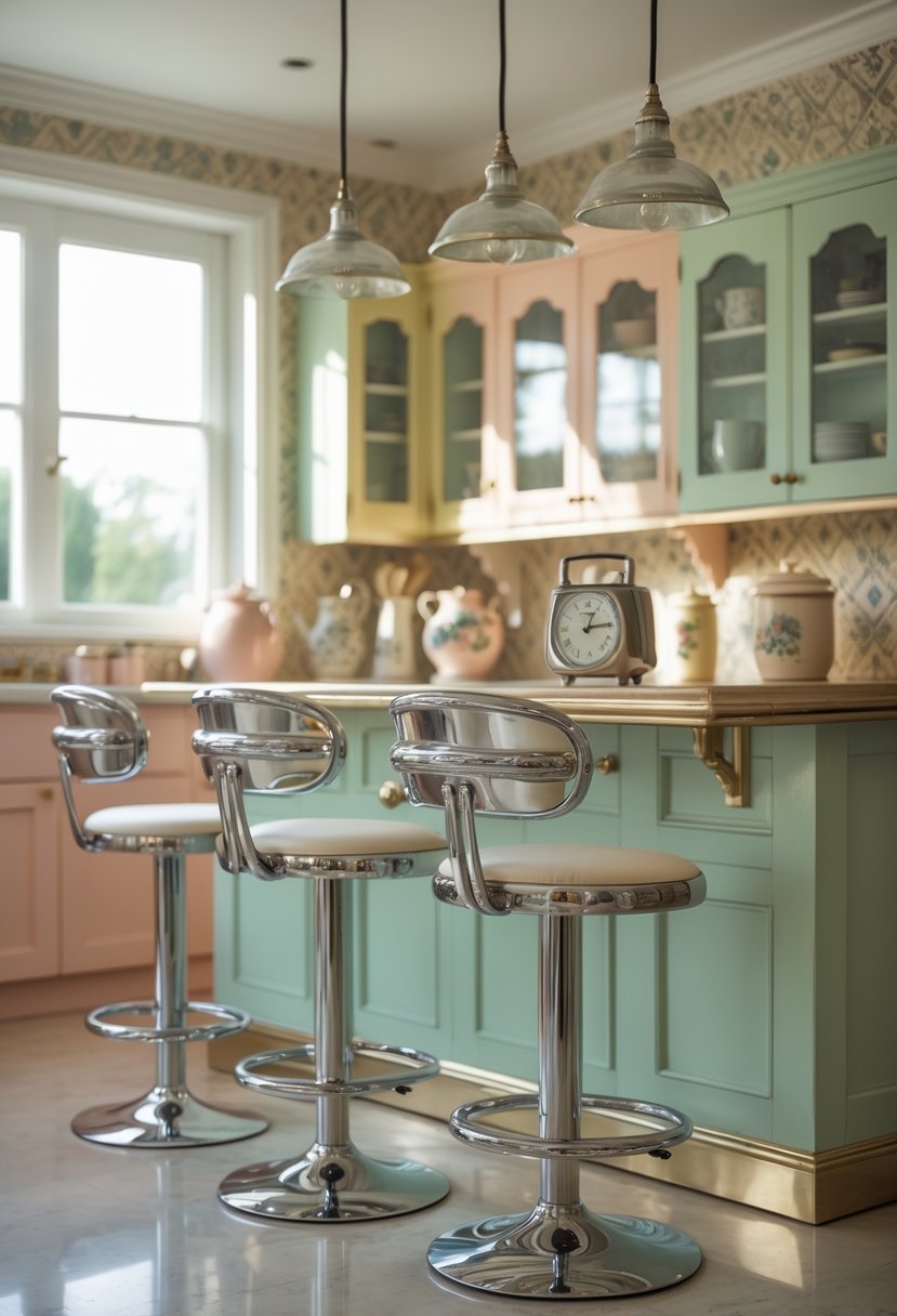 Chrome bar stools arranged around a kitchen island with vintage kitchen decor and accessories.