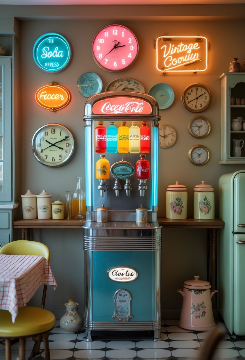 A vintage soda fountain surrounded by neon signs and various retro kitchen decorations in a cozy kitchen setting.