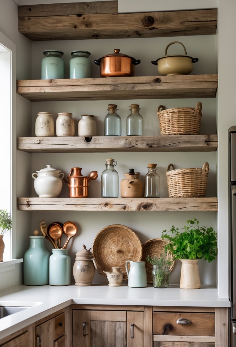 Open kitchen shelves with rustic wooden shelves holding vintage kitchen items like jars, pots, baskets, utensils, and plants.
