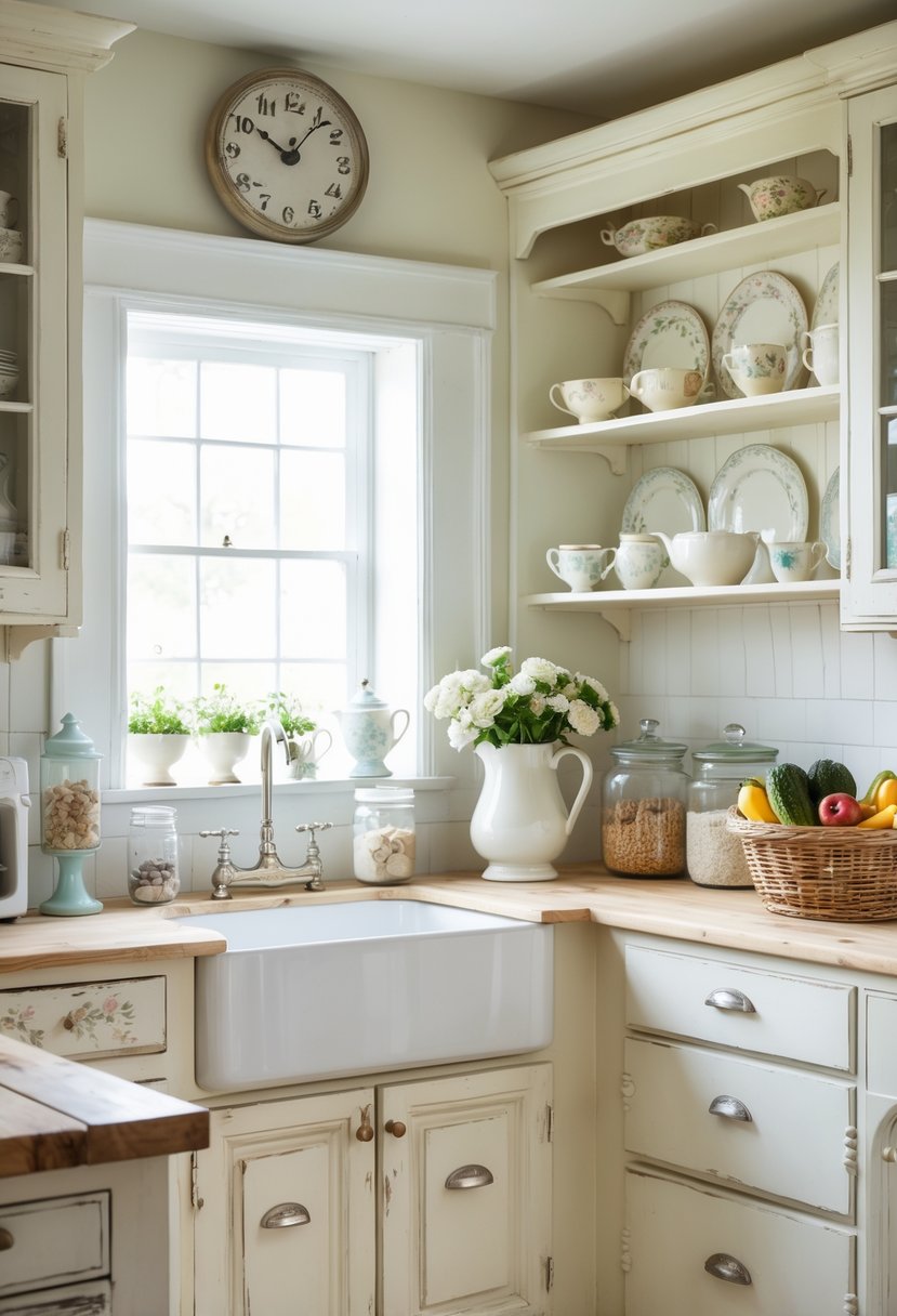 Bright kitchen with white and cream cabinets, vintage decor items on shelves, and natural light coming through a window.