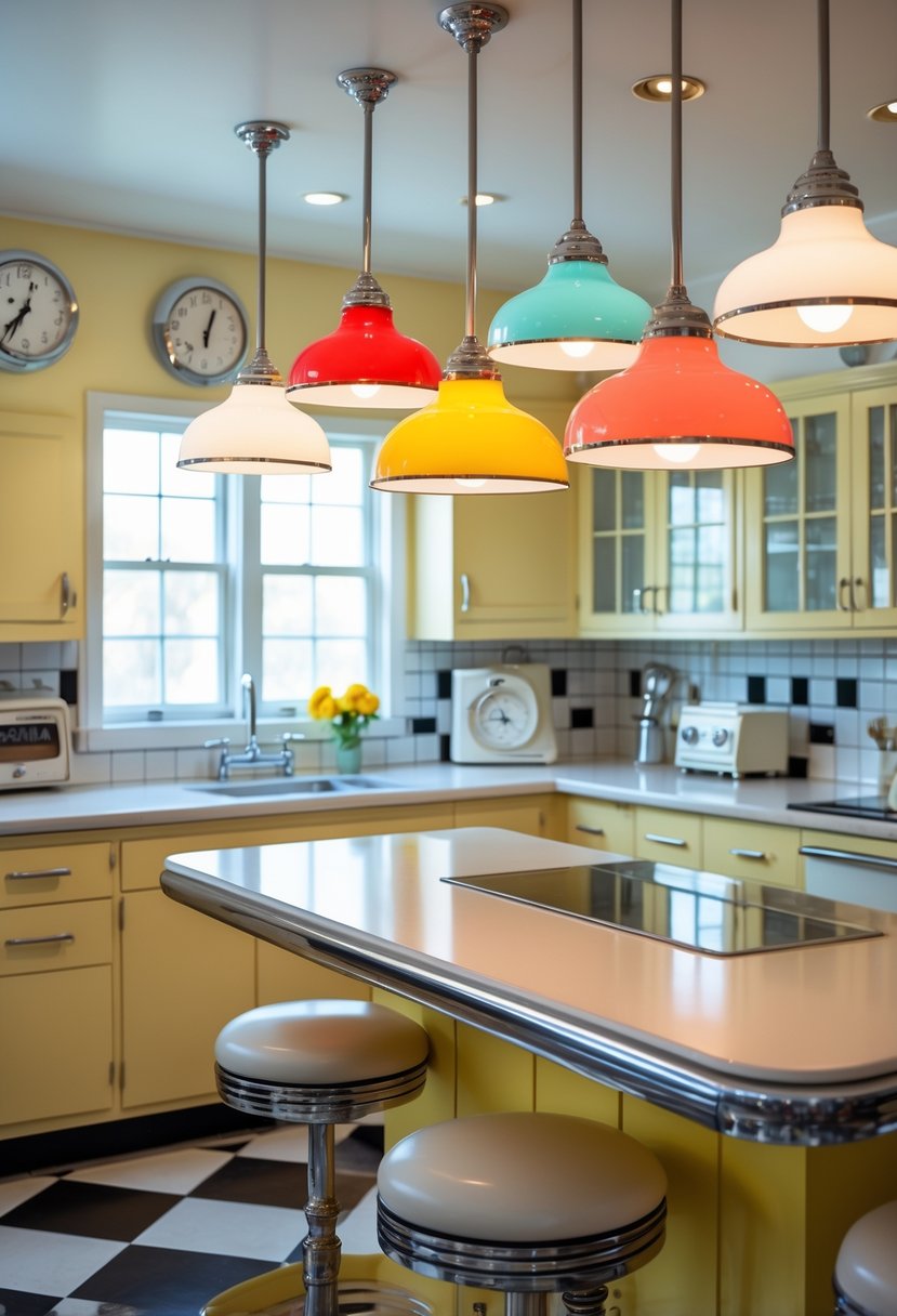 Seven colorful pendant lights hanging over a kitchen island in a bright kitchen with checkered floor and vintage decor.