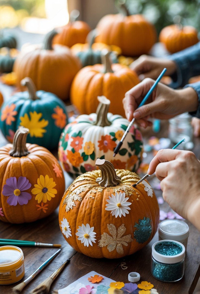 People decorating pumpkins with paint, paper cutouts, and glitter on a table filled with craft supplies.