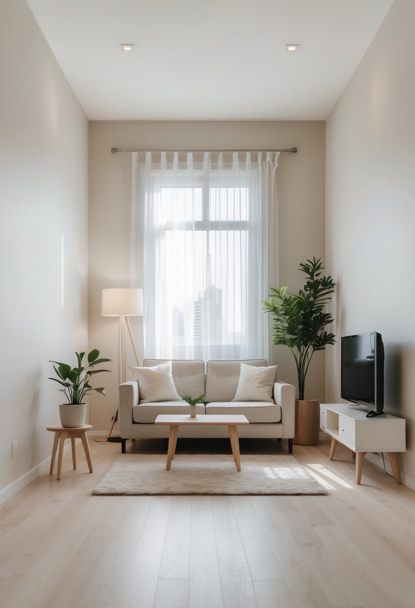 A small living room with light-colored walls, a sofa, coffee table, potted plant, and natural light coming through a window.
