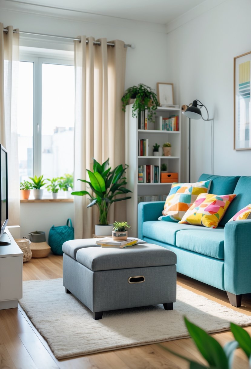 Small living room with a storage ottoman, compact sofa, bookshelf, plants, and natural light from a window.