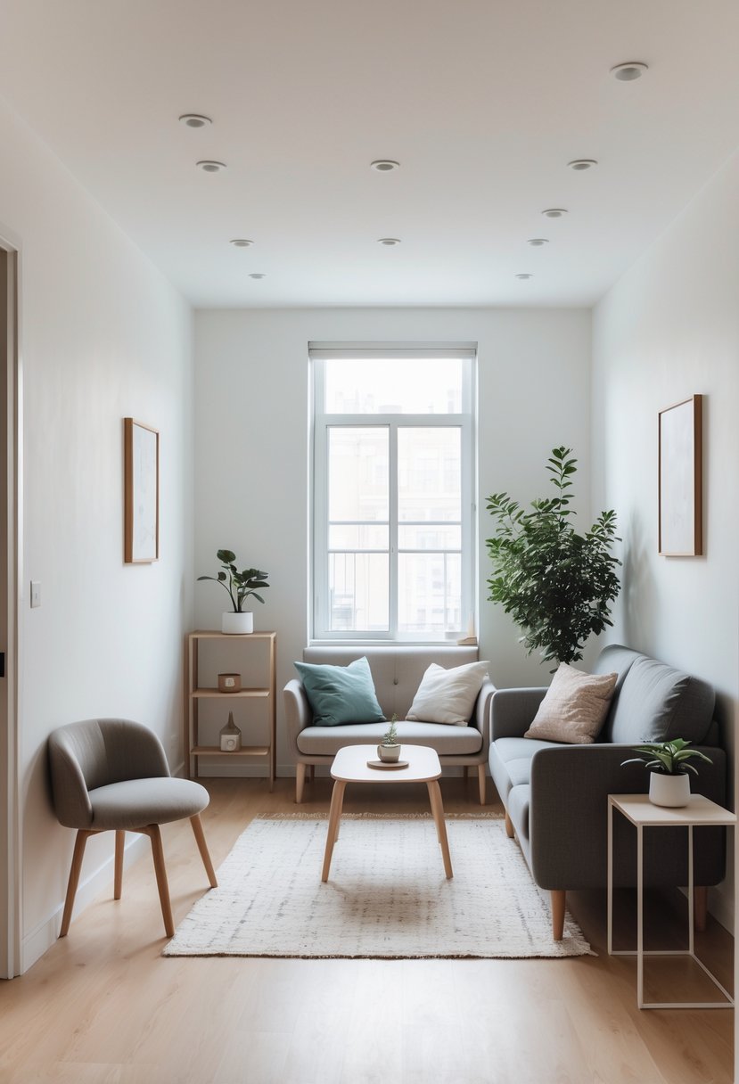 Small living room with furniture arranged to create clear walking paths and open space.