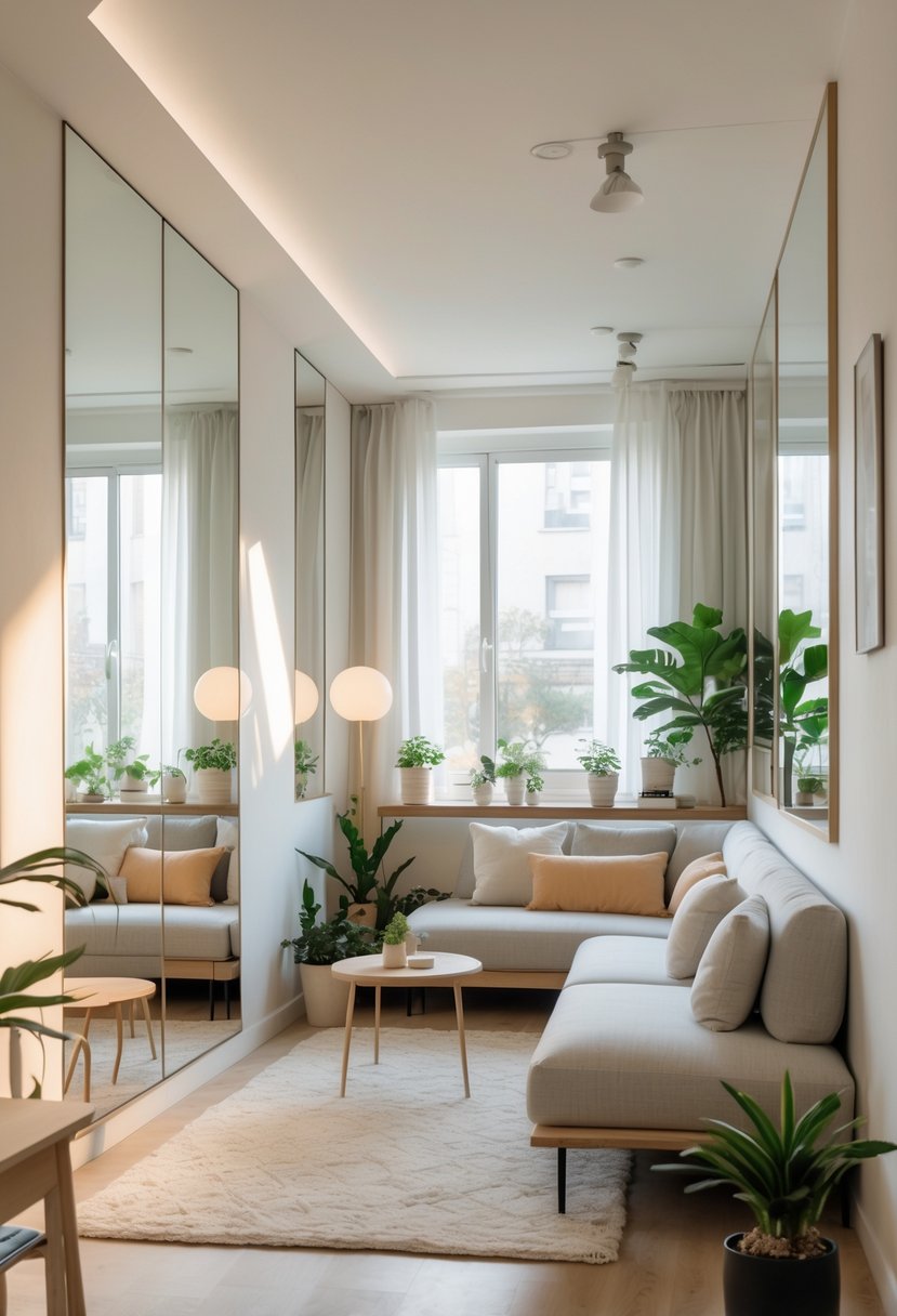 Small living room with mirrors reflecting light to make the space appear larger, featuring a sofa, coffee table, and plants.
