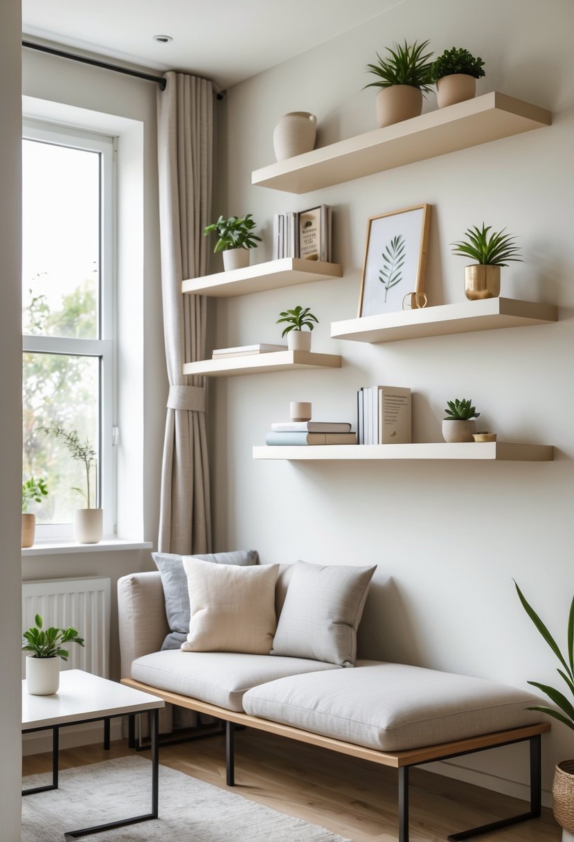 Small living room with floating shelves holding plants and books, a compact sofa, and a small coffee table, with natural light coming through a window.