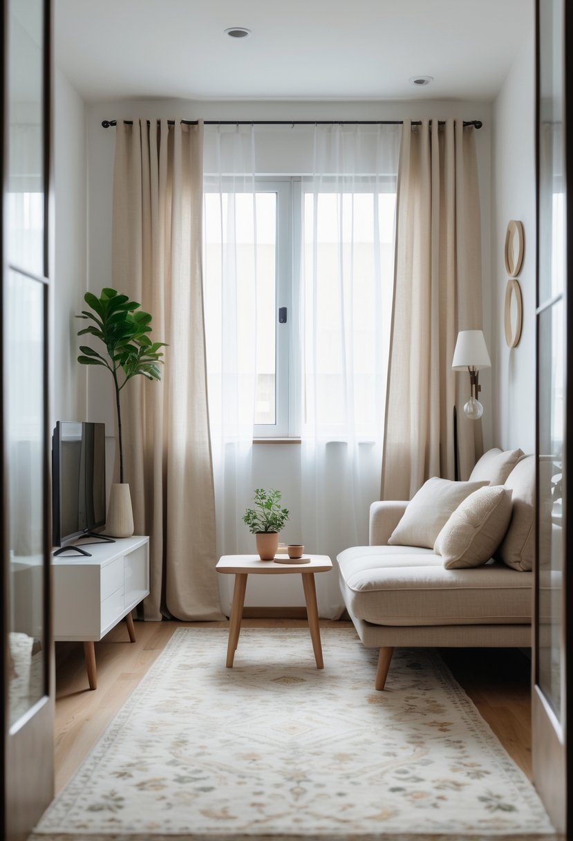 Small living room with a sofa, coffee table, subtle patterned rug, and natural light coming through a window.
