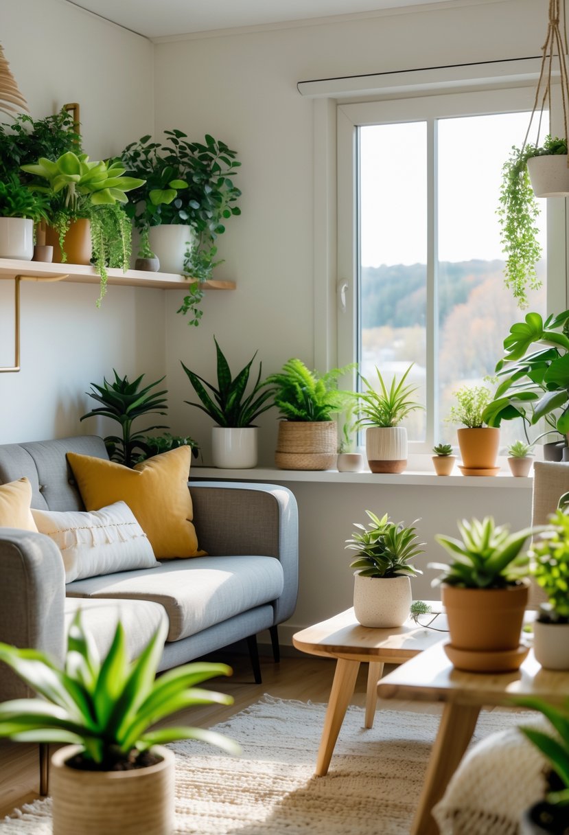 Small living room with a sofa, coffee table, and various small indoor plants placed on shelves and tables.