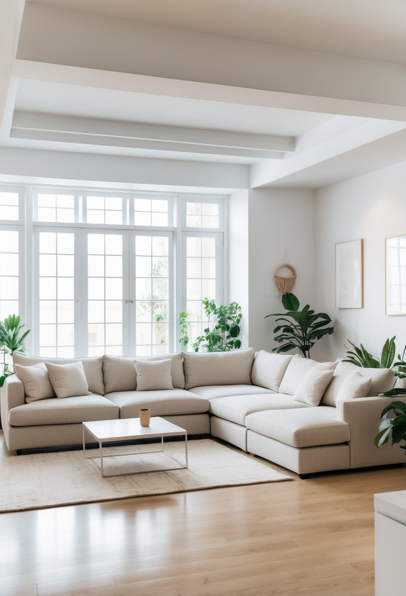 A bright living room with a large sectional sofa arranged to provide seating and divide the space, featuring natural light and simple decor.