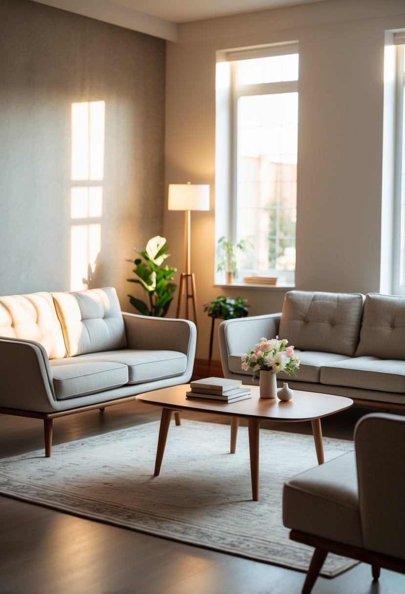 A living room with two sofas, a wooden coffee table, a floor lamp, and a potted plant, all arranged in a cozy seating area with natural light.