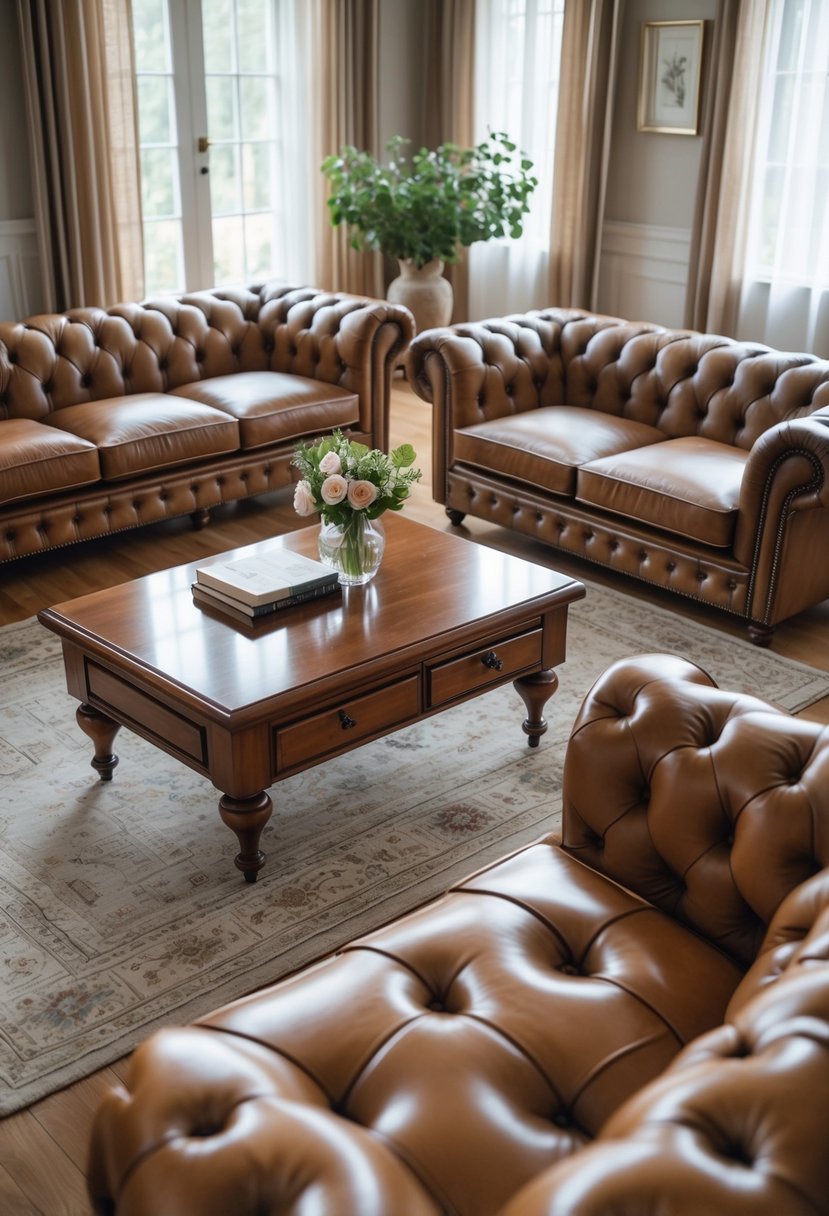 A living room with several leather sofas arranged around a wooden coffee table, illuminated by natural light from large windows.