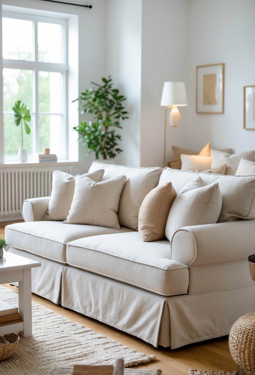A living room with a slipcovered sofa, cushions, coffee table, rug, and natural light coming through large windows.