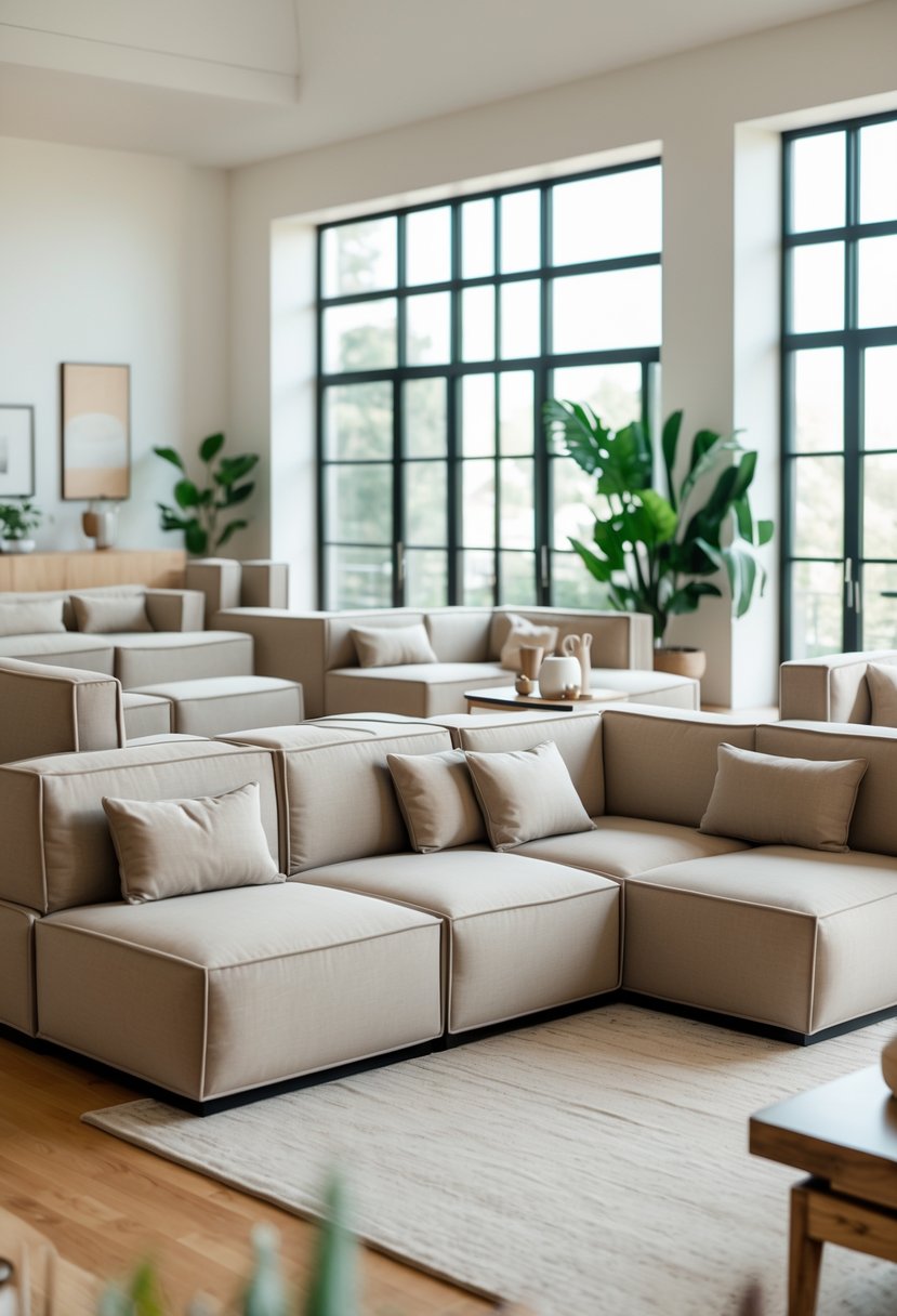 A spacious living room with modular sofas arranged in a flexible layout, natural light, wooden floor, and plants.