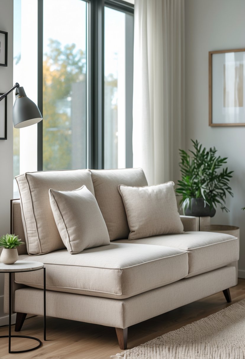 A cozy living room corner with a small loveseat next to a window, a side table with a plant, and a floor lamp.