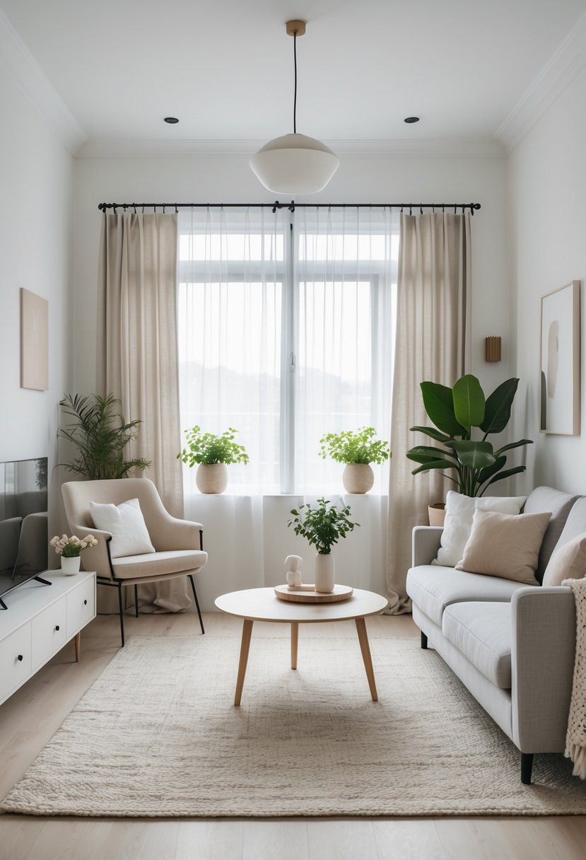A bright living room with a gray sofa, wooden coffee table, plants, and large windows letting in natural light.
