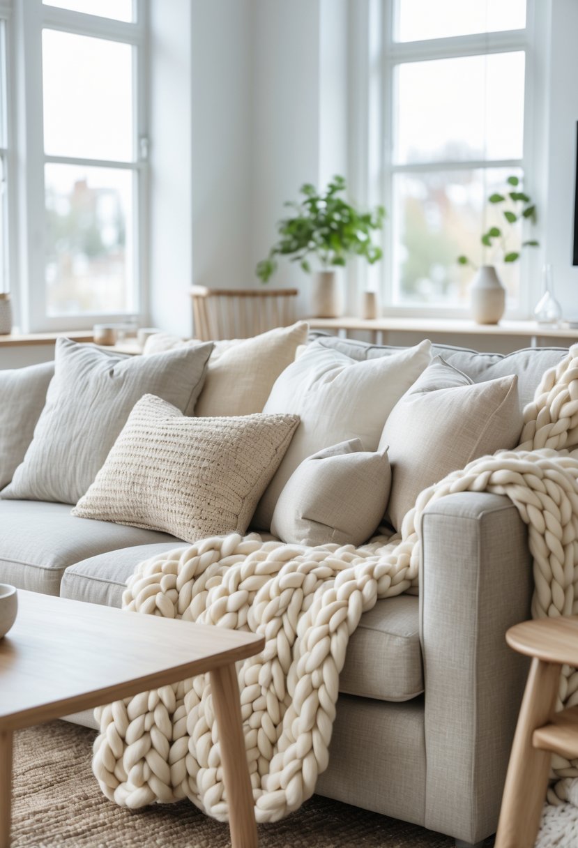 A cozy living room with a sofa covered in wool blankets and textured throw pillows, natural light coming through windows, and simple wooden furniture.