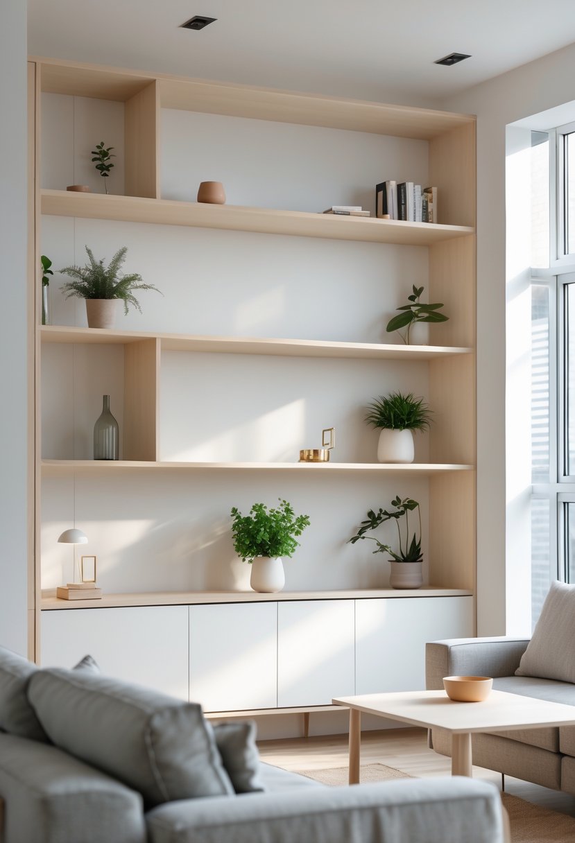 A bright living room with minimalist wooden shelves, a sofa, and plants, arranged neatly and illuminated by natural light.