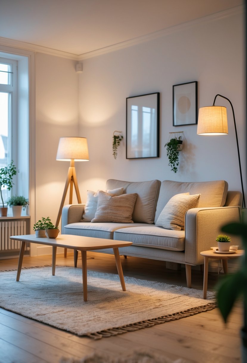 A living room softly lit by floor and table lamps, featuring a sofa, coffee table, and plants.