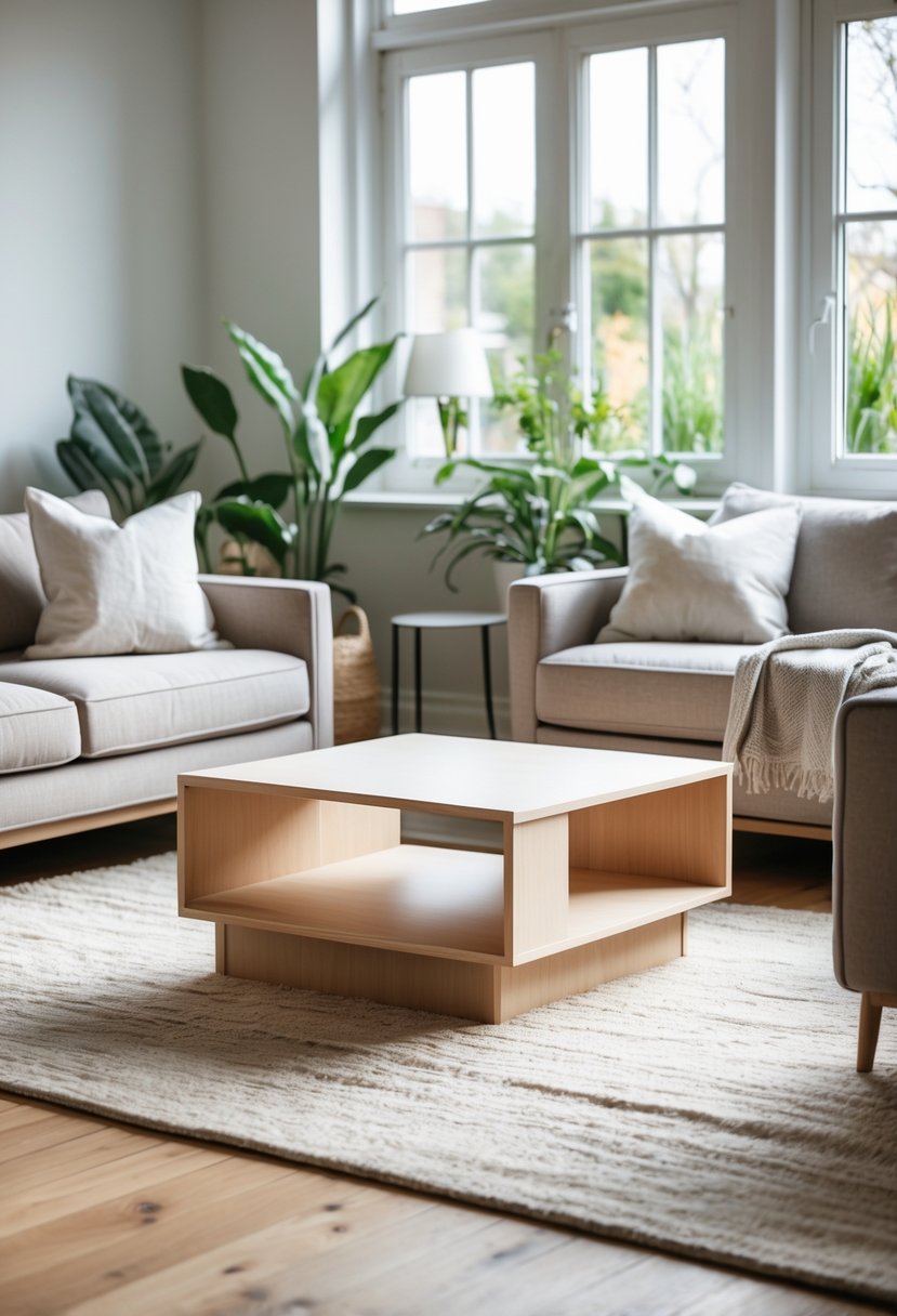 A bright living room with a simple wooden coffee table, sofas, cushions, and plants near large windows.
