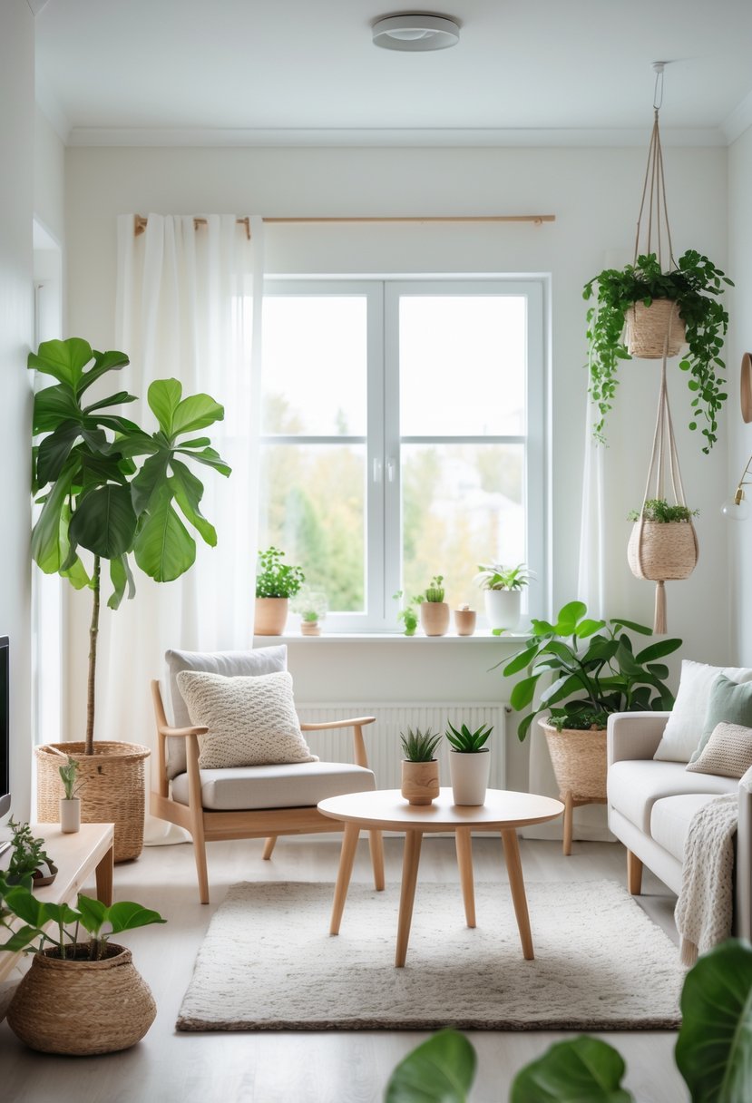 A bright living room with light wood furniture and several green indoor plants placed around the space.