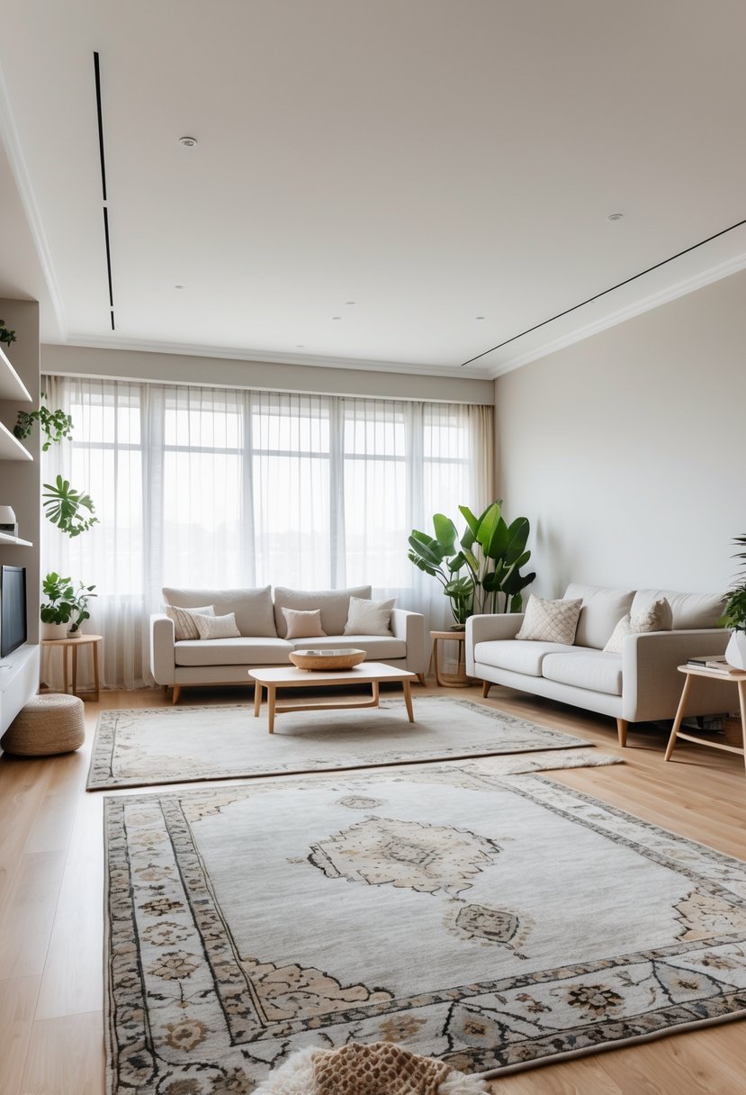 A bright living room with large muted tone area rugs, a light sofa, wooden coffee table, and plants near large windows.