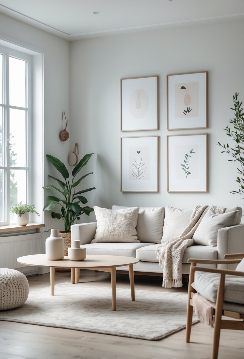 A bright living room with a sofa, coffee table, framed art prints on the wall, indoor plants, and cozy textiles.