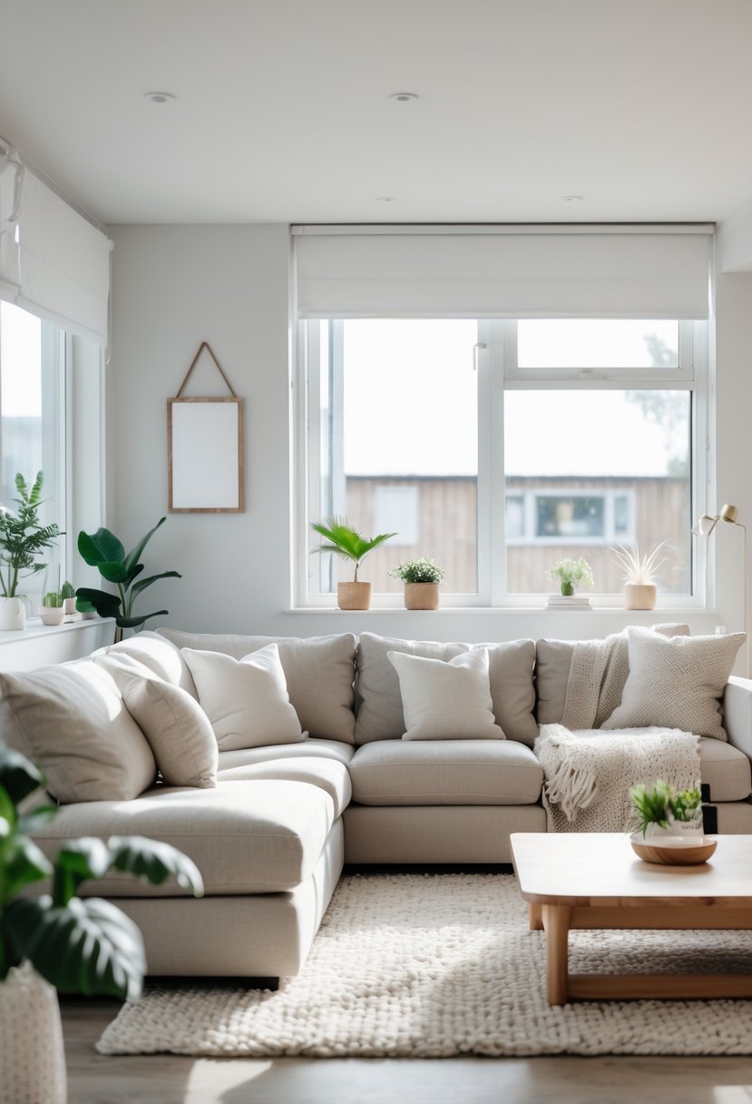 A bright living room with a large comfortable sectional sofa, coffee table, and indoor plants.