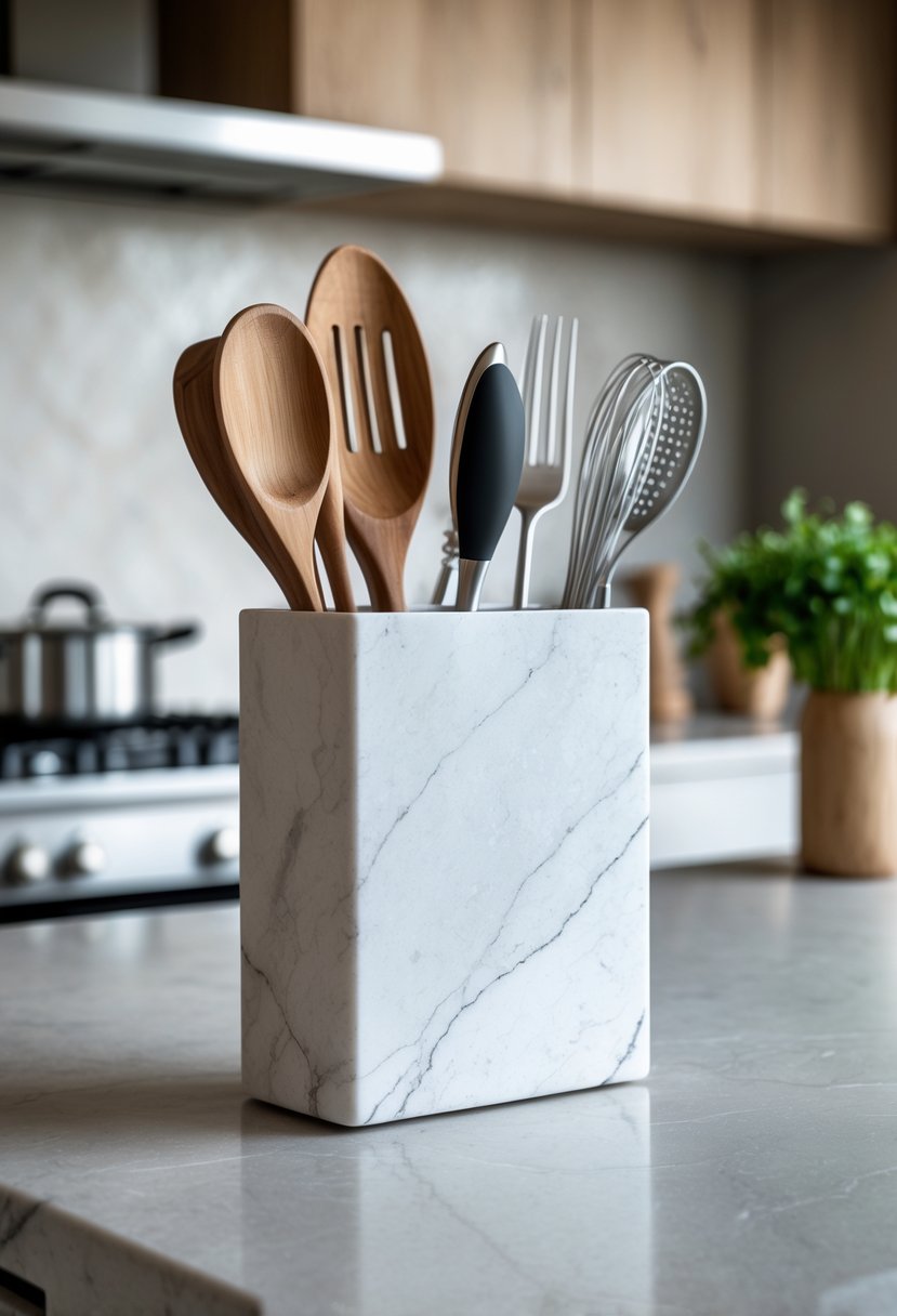 A kitchen counter with a marble utensil holder containing various cooking tools.