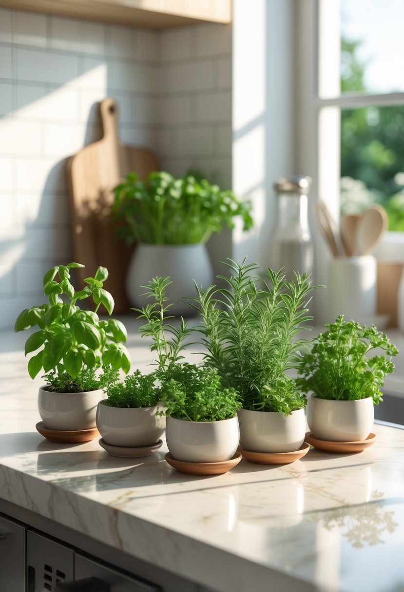Small potted herb garden on a kitchen counter with fresh green herbs in ceramic pots and kitchen utensils in the background.