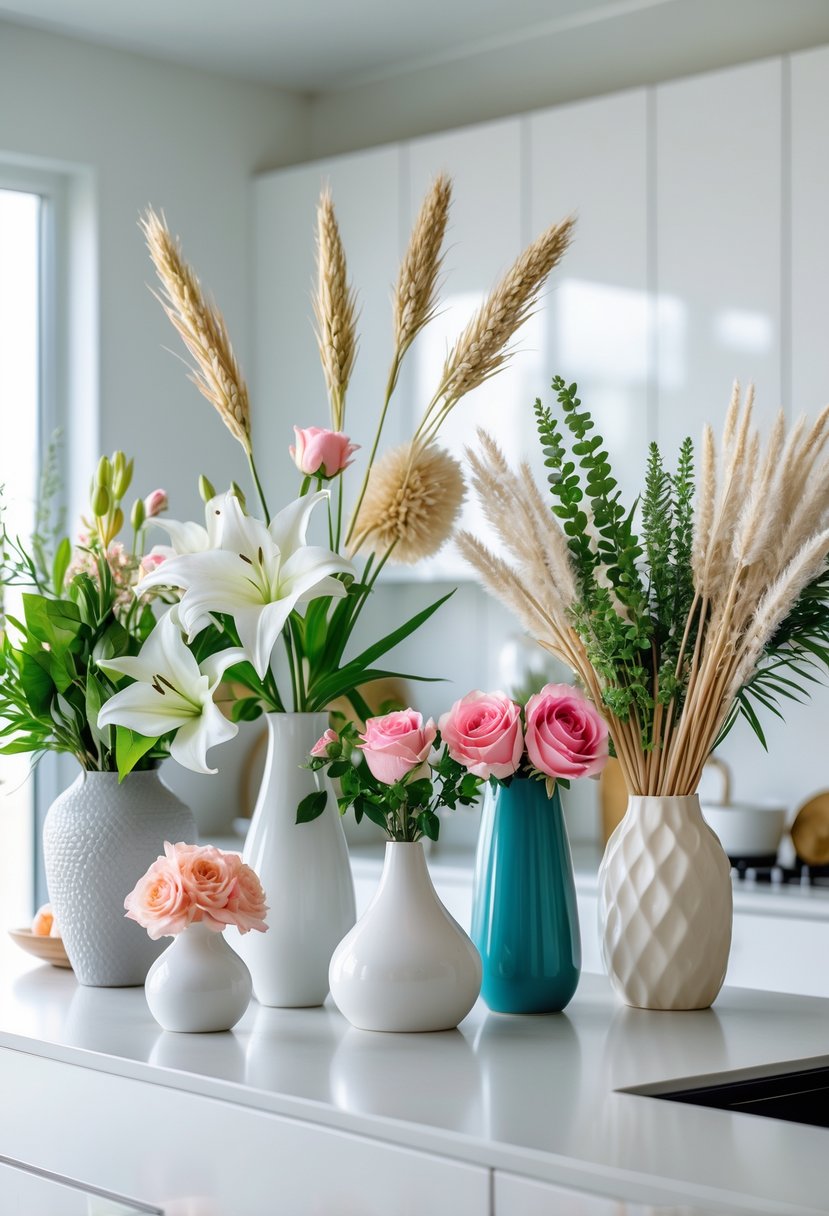 A kitchen counter with several vases holding fresh and dried flowers arranged as decor.