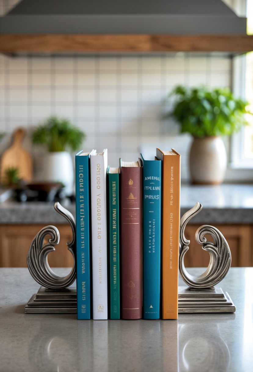 A kitchen counter with a collection of cookbooks held by decorative bookends, surrounded by kitchen decor.